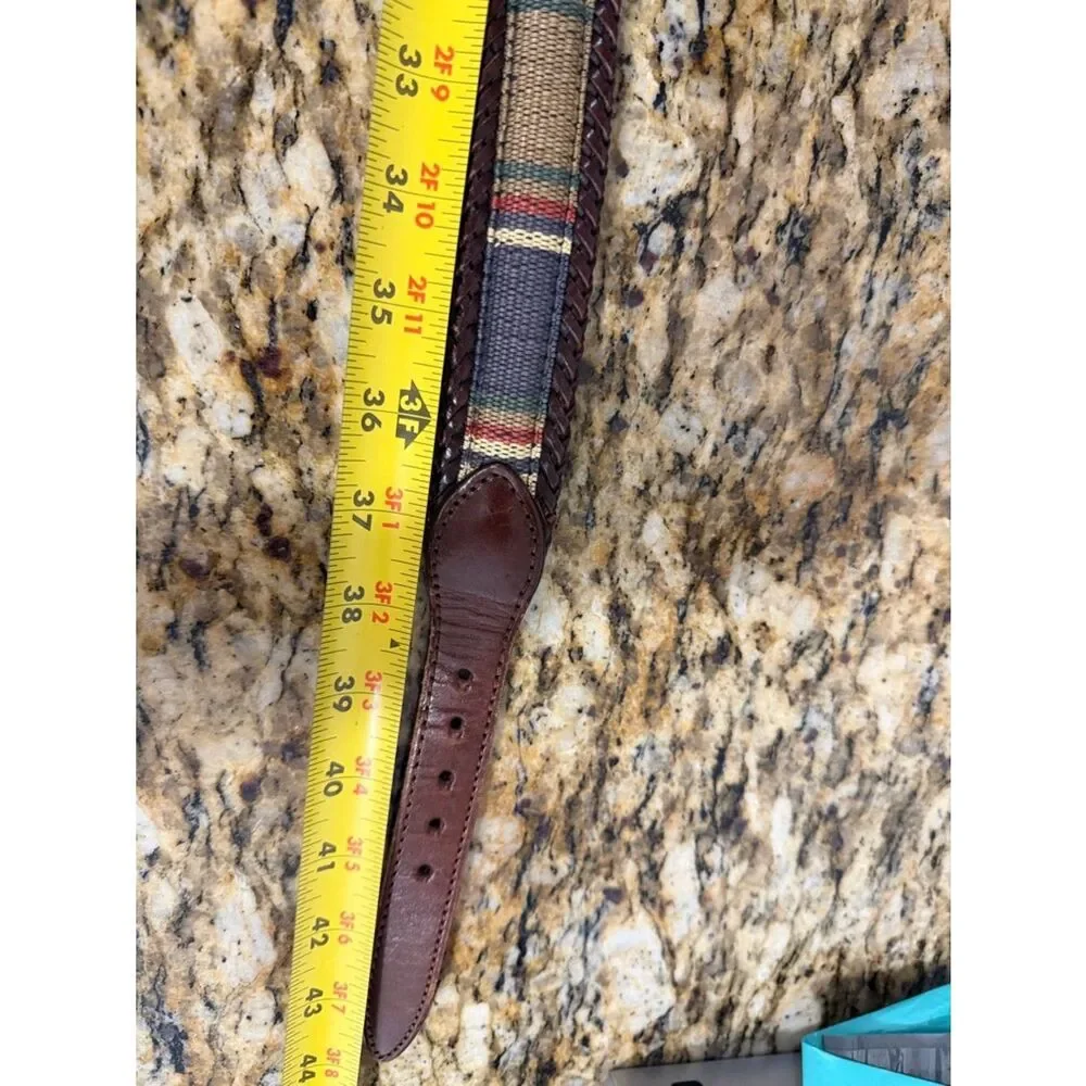Brighton Brown Leather Woven Belt Size L Multicolor Inlay Silver Tone Buckle